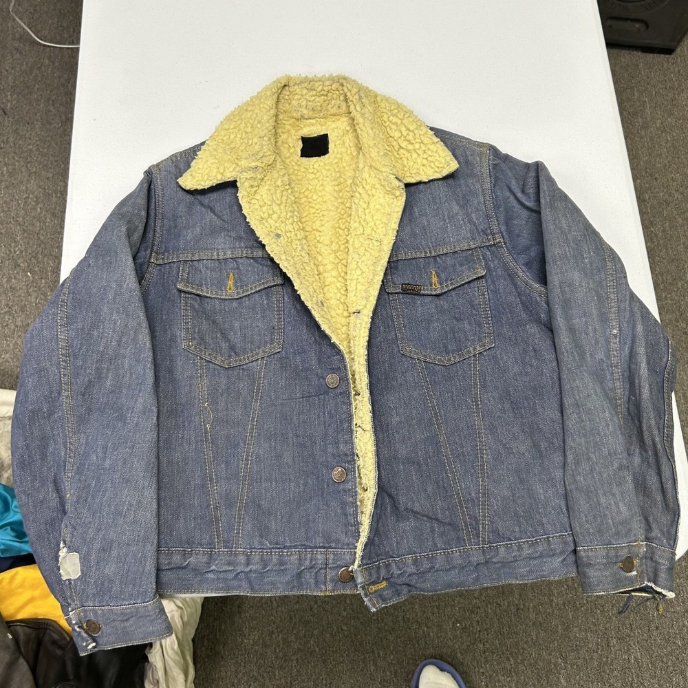 80s Sears Roebuck Denim Trucker Jacket Mens Blue Faux Shearling Lined Distressed